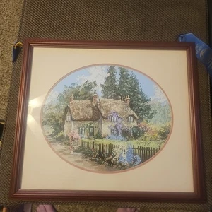 VtgFinished Custom Framed Needlepoint HousePicture17.5x19.5" Double Mat Glass - Picture 1 of 14