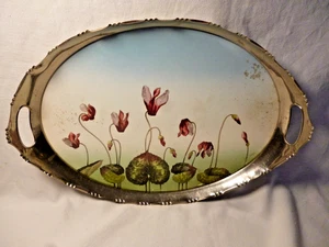 Jugendstil großes Tablett Violetta Metallumrandung Keramik Alpenveilchen - Picture 1 of 13