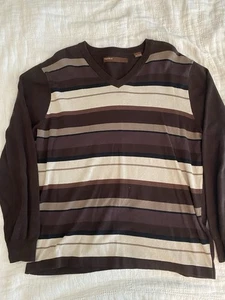Perry Ellis Vintage Cotton Brown and White Striped Long Sleeve Sweater Size L - Picture 1 of 3