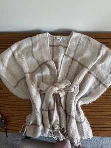 Liz Claiborne Belted Poncho Wrap Womens One Size OS Fringe Plaid Neutral Ivory - Picture 1 of 6