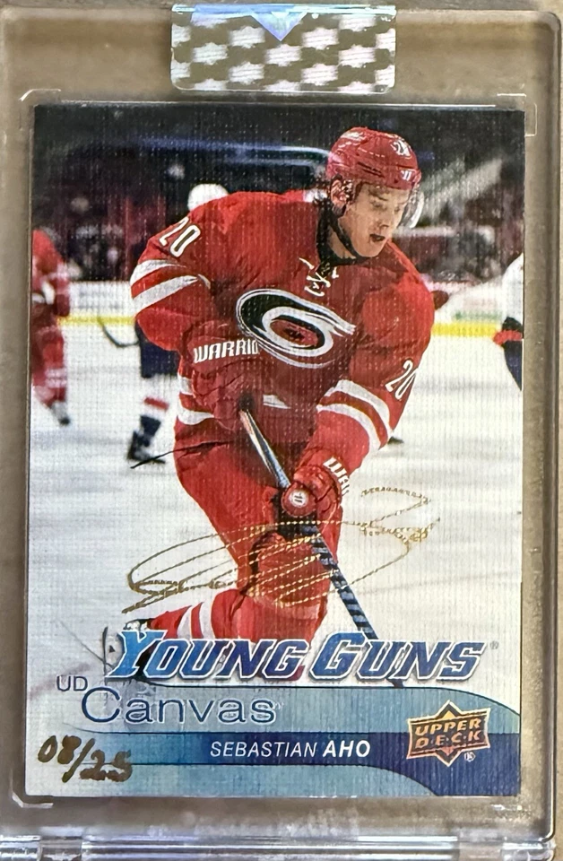 2019 UD BUYBACKS Sebastian Aho RC #8/25 AUTO 2016 YOUNG GUNS CANVAS ROOKIE Canes - Image 1 of 2
