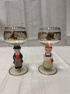 Set of 2 West Germany Hummel Goebel Girl & Boy Wine Glasses Gold Trim - Picture 1 of 9