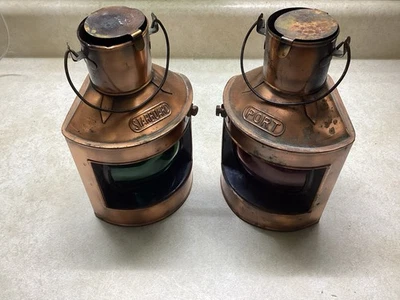 Ship CABIN decor VintaGe brass Lanterns Pair BRASS Port STARBOARD old OiL Lamps - Image 1 of 4