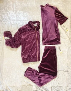 vtg 3 PIECE TRACKSUIT set purple plum Velour Velvet TEDDI 90s NWT Size Large F1 - Picture 1 of 21