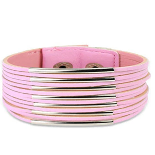 Pulsera ancha de cuero rosa multi tira y barra de acero K34 Foto 1 de 1