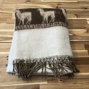 peru blanket ABA Textiles Large Throw 73 X 64” Alpaca Wool Brown Cream Fringe - Picture 1 of 9