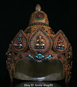 14" Old Tibet lapis lazuli Turquoise Gold Crystal Buddha Statue Crown Cap - Picture 1 of 9