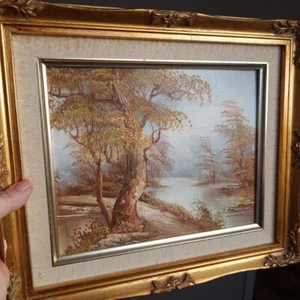 Oil Painting Gold Ornate Frame Autumn trees river landscape - Picture 1 of 18