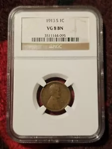 1913-S 1C BN Lincoln Cent Key Date VG 8 BN Certified & Graded By NGC - Picture 1 of 6