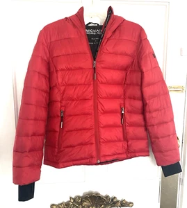 Michael Kors rote Steppjacke, Kapuze, Taschen, Daumenlöcher Full Zip Mantel M - Bild 1 von 6