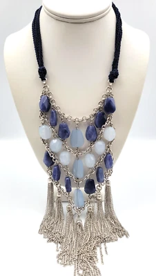 Collar con borla llamativa babero azul cordón trenzado tono plata Chico's nuevo con etiquetas Foto 1 de 4