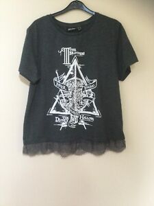 Primark Womens UK Size 18 Harry potter Grey Deathly Hallows t-shirt with lace