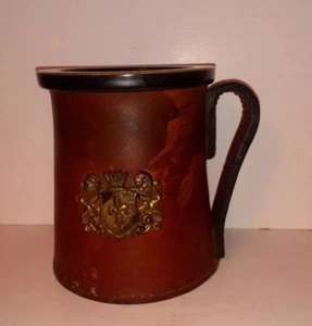 Vintage English Real Hide Leather Tankard Stein Pewter Colour Ceramic Liner - Picture 1 of 10