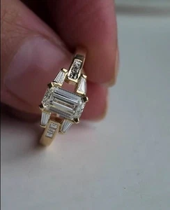 2.50Ct Emerald Cut Moissanite Unique Engagement Ring In Solid 14K Yellow Gold - Picture 1 of 6