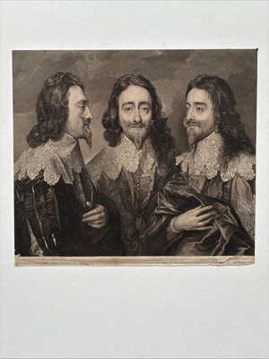 Antique Engraving Triple portrait of King Charles I Sir Anthony Van Dyck 18th C. - Image 1 of 4