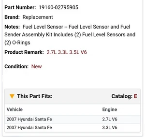 Replacement Fuel Level Sensor fits 06-09 Hyundai Santa Fe 2.7L-V6 19160-02795905 - Bild 1 von 6