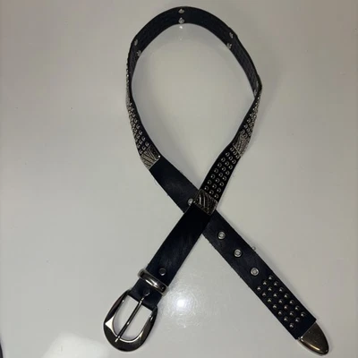 Vintage Faux Leather Belt Silver Buckle 90s Y2K  Metal Studded Belt Sz Sm Black - Image 1 of 4