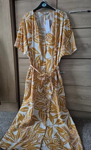 Women's George Mustard Leaf print Belted Midi Dress Size 14 New - Picture 1 of 5