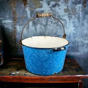 Antique Blue White Emeraldware bucket Graniteware Enamelware - Picture 1 of 11