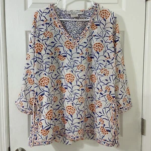 Gretchen Scott Designs Women V-Neck Tunic Shirt Orange Peony Flower Sz Large - Imagen 1 de 5
