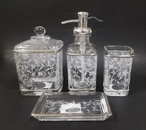 BELLA LUX 4 PC Vetro, Bianco Floreale, Foglia, Argento Sapone Dispenser, Jar , - Foto 1 di 7