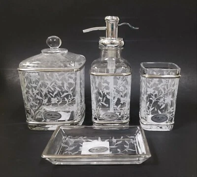 BELLA LUX 4 PC Vetro, Bianco Floreale, Foglia, Argento Sapone Dispenser, Jar , - Immagine 1 di 4