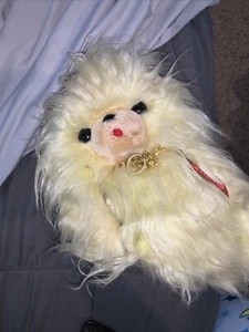 13" VINTAGE YELLOW LONG-HAIRED DOG PLUSH Bought In JAPAN Seated/Laying Bandai? - Picture 1 of 9