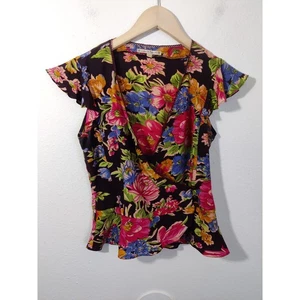 Nanette Lepore 100% Silk Black Pink Multi Floral Flutter Sleeve Faux Wrap Top 2 - Picture 1 of 8