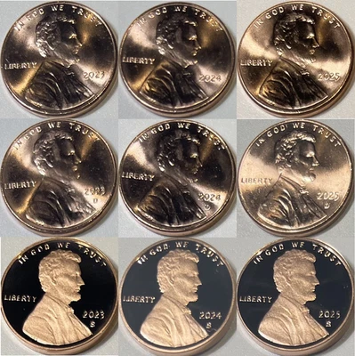 2023 2024 & 2025 9 Coin Lincoln Cent PDS Set w/Unc PD, Proof S (Final Lincolns?) - Image 1 of 4