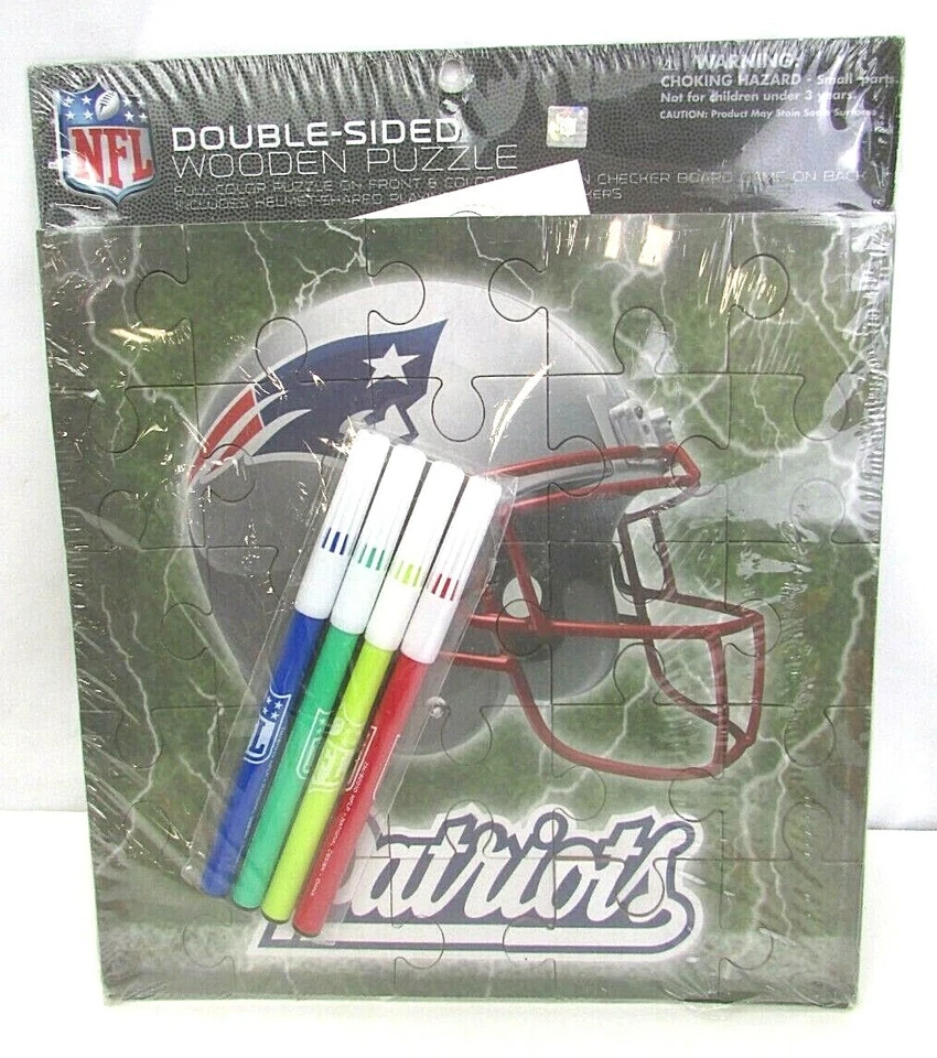 NFL Double Sided Wooden Puzzle New England Patriots Front Checkers Game Back