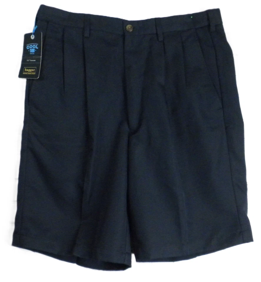 *Haggar Cool 18 Navy Blue Double Pleated Expandable Waist Shorts Mens size 32