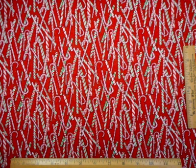 Christmas Quilt Fabric 7/8+ Yard Candy Canes Metallic Gold on Red Cotton Vtg #41 - Image 1 of 2