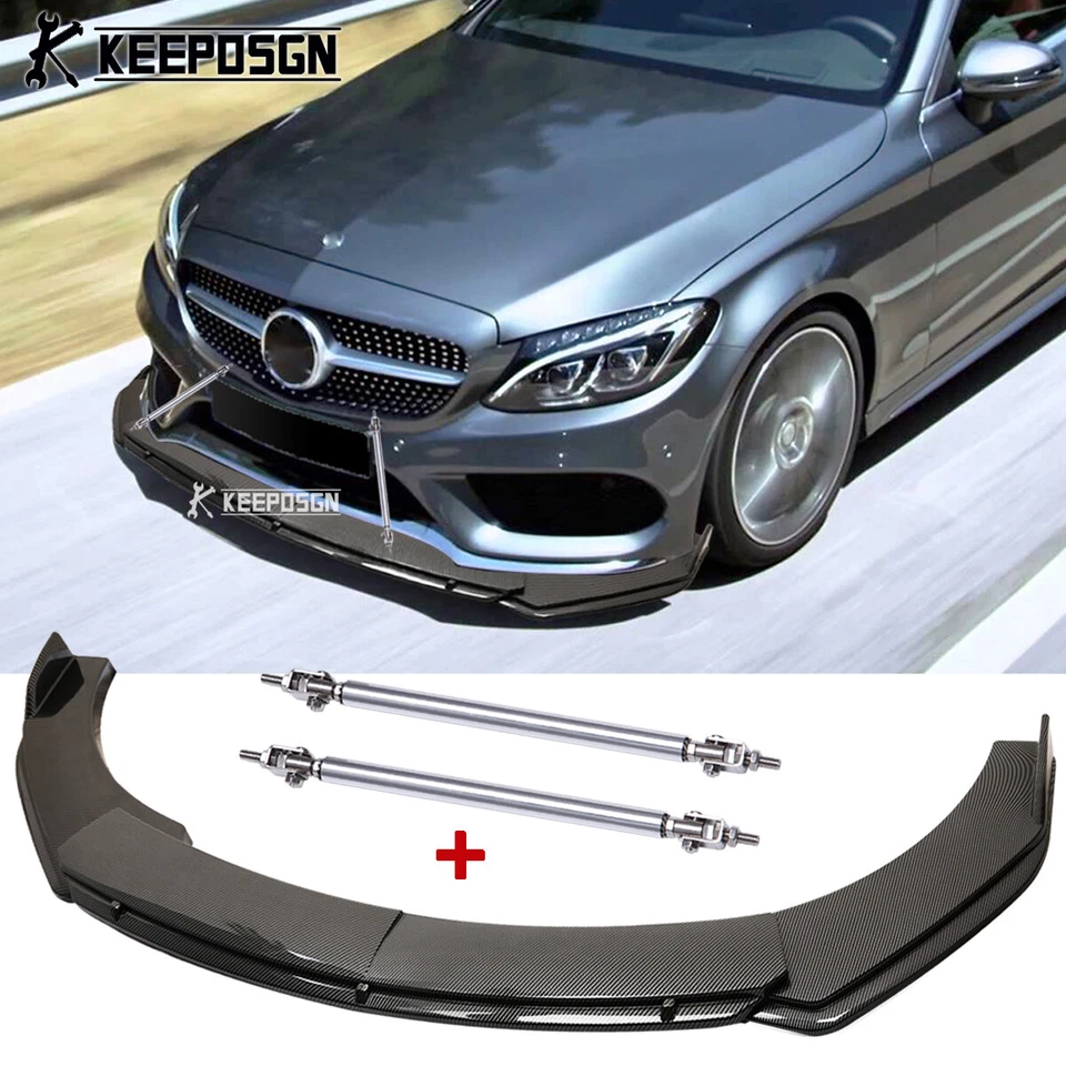 For Mercedes-Benz C200 C250 C300 CARBON Front Bumper Lip Splitter + 2x Strut Rod - Image 1 of 4