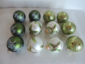 Set of 12 Green Holly HP Gold Glitter stencil 2.5" Glass Christmas Tree Ornament - Picture 1 of 7