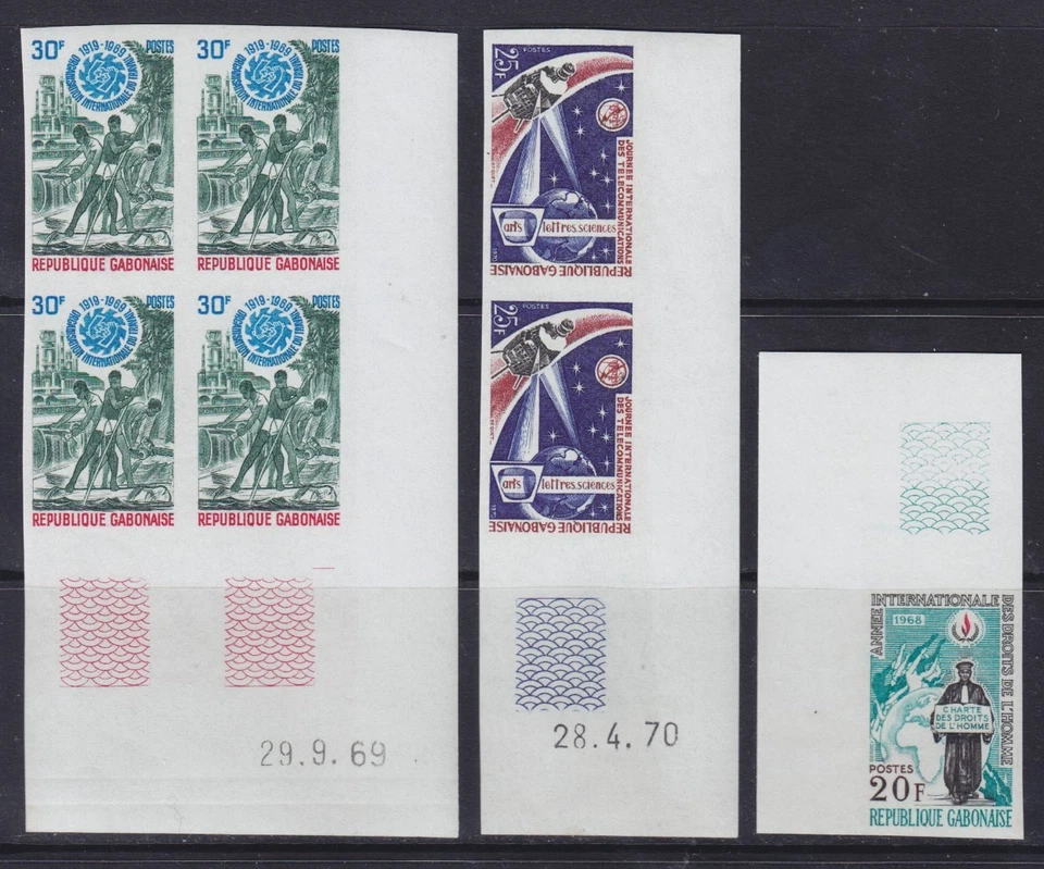 1968 1969 1970 Gabón perforado negro. 4 TIRAS 2 PLACA ESQUINA SCT. 235,252,257 Foto 1 de 1