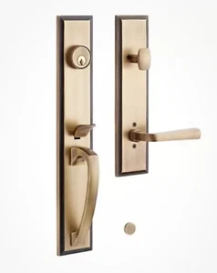 SIGNATURE HARDWARE BRASS ENTRY DOOR SET - NO BACKSET-RIGHT HAND - ANTIQUE BRASS - Picture 1 of 6