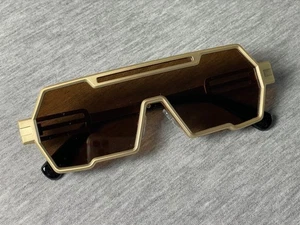 Futuristic sci fi sunglasses metal gold tone frame smokey lens - Picture 1 of 7