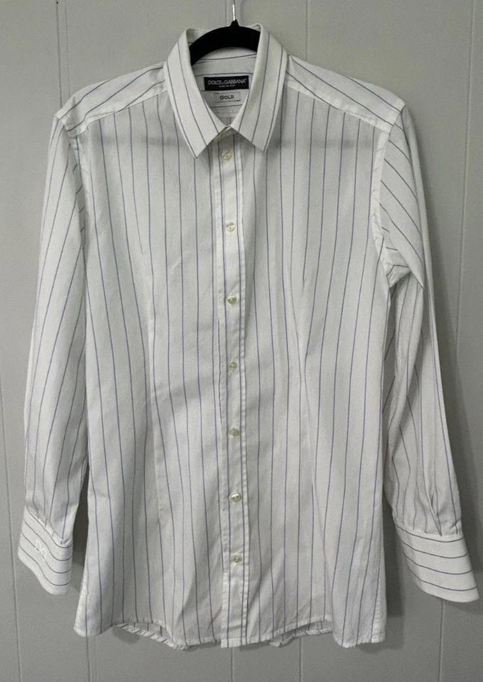 NUEVA DOLCE & GABBANA DORADA 15-1/2 x 39 Camisa de Vestir Formal a Rayas Blancas y Azules Foto 1 de 4