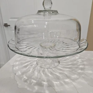 Vintage Glass 12” Pedestal Cake Stand Swirl Base with Dome Cover - Picture 1 of 8