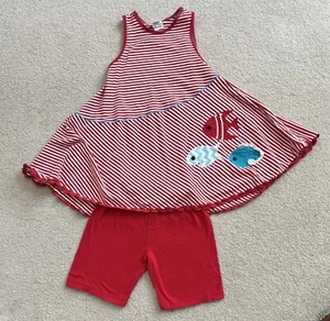 Girl’s size 12 Peaches ‘N Cream red & white striped fish swing top & red shorts - Picture 1 of 4