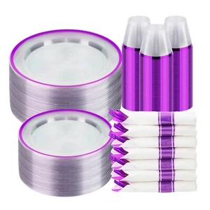 350PCS Clear and Purple Disposable Plates Set for 50 Guests, 100 Plastic Plat... - Picture 1 of 7