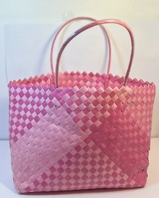 Vintage Pink Handwoven Plastic Summer Handbag, Beach Bag, Or Shopping Bag. - Image 1 of 4