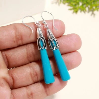 Pendientes colgantes lágrimas de plata de ley 925 con piedras preciosas turquesa azul joyería Foto 1 de 4