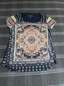 Lucky Brand Top Womens Medium Navy Blue Scoop Neck Boho Short Sleeve Casual - Picture 1 of 7