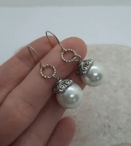 Pendientes de gancho colgantes de plata esterlina 925 vintage de imitación de perlas - Imagen 1 de 10