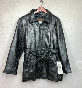 Women's Monroe & Main Size Large Black Leather Trench Coat - Picture 1 of 12