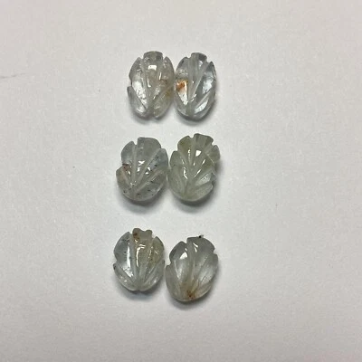 Lot of 6 Natural Pale Aquamarine Leaf Carving Beads 3 Pair 12 Carats #81 - Image 1 of 4