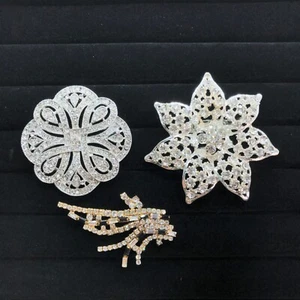 3 Pin Brooch Lot Clear Rhinestone Set Gold Silver Tone Flower Ornate Abstract - Picture 1 of 10