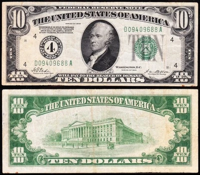 NICE Bold & Cricsp VF+ "NUMERAL #4" 1928 $10 Cleveland Gold Clause FRN! 09688A - Image 1 of 3