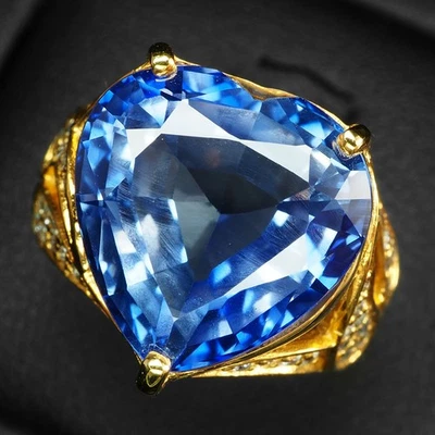925 Sterling Silver 24K Gold Rings Luxurious Royal Blue Sapphire Heart 12.25Ct - Image 1 of 4